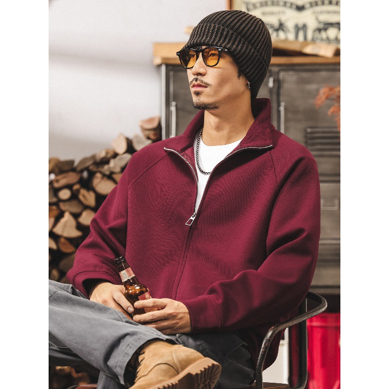 美式復古雙拉鍊開衫外套男春秋新款潮牌寬鬆大碼重磅紅色男士衛衣