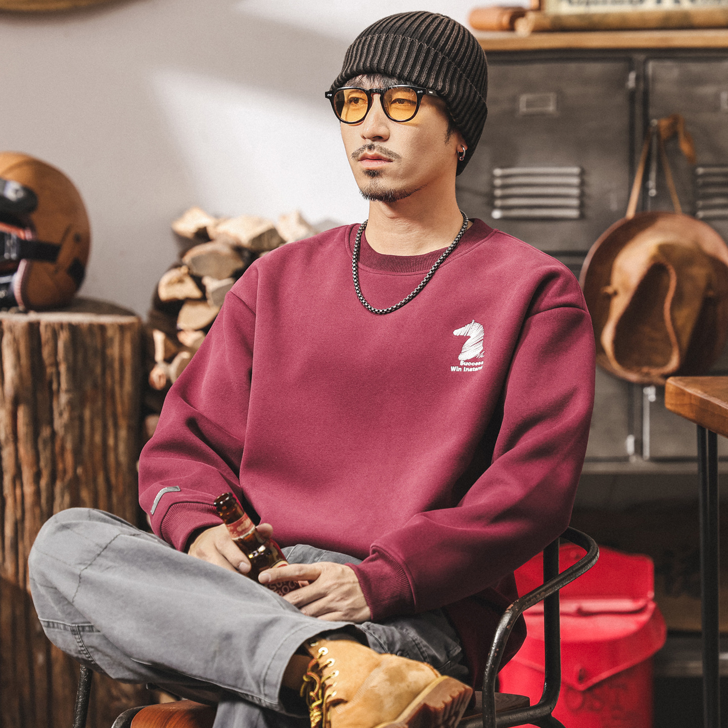 美式復古420g重磅衛衣男春秋2025新款潮牌刺繡寬鬆男士棗紅色上衣