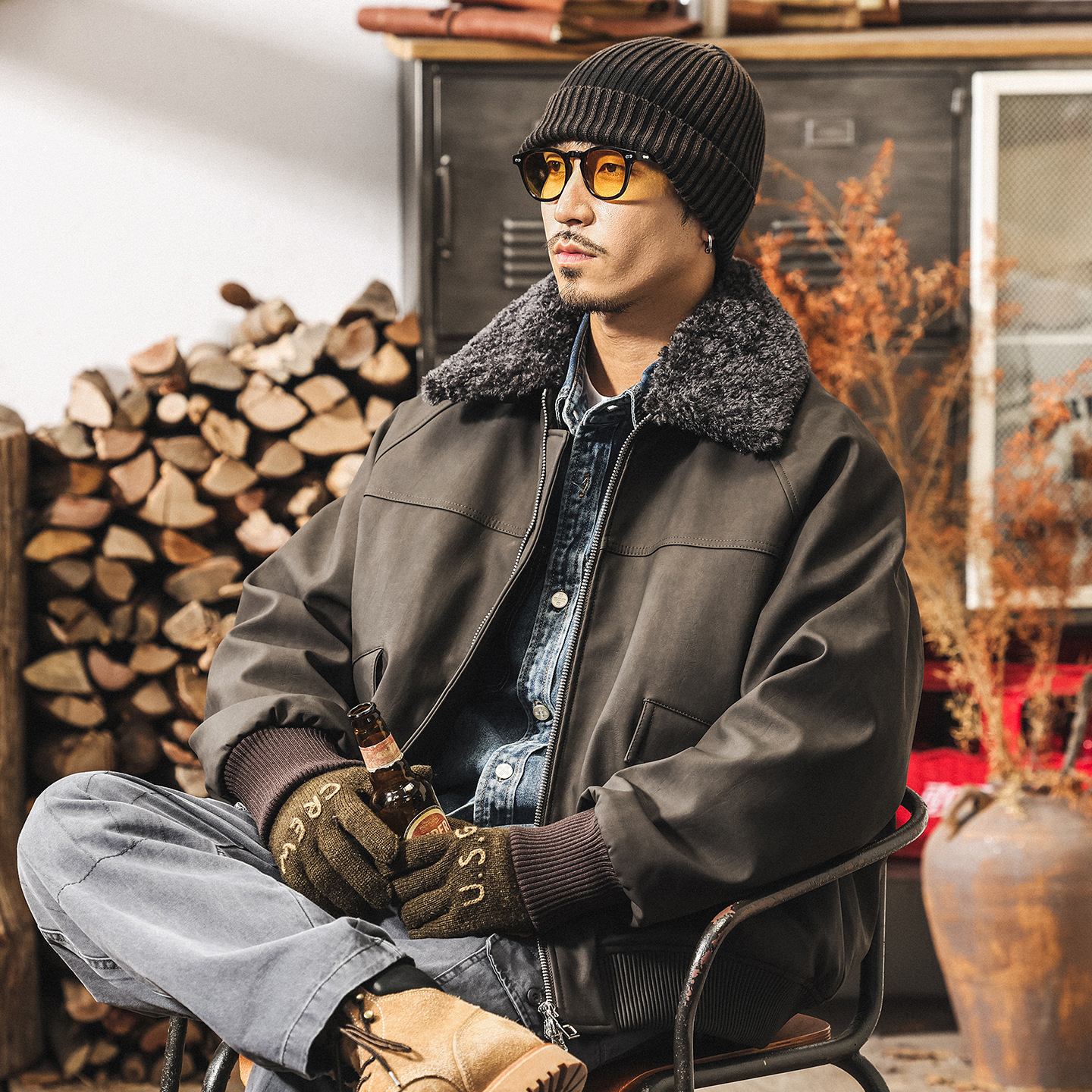 美式復古90%純白鴨絨毛絨領羽絨服男冬季潮牌機車皮衣羽絨外套男