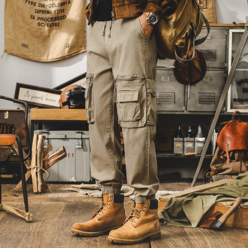 美式複古卡其色工裝褲子男秋季寬松休閑長褲潮牌多口袋男士束腳褲