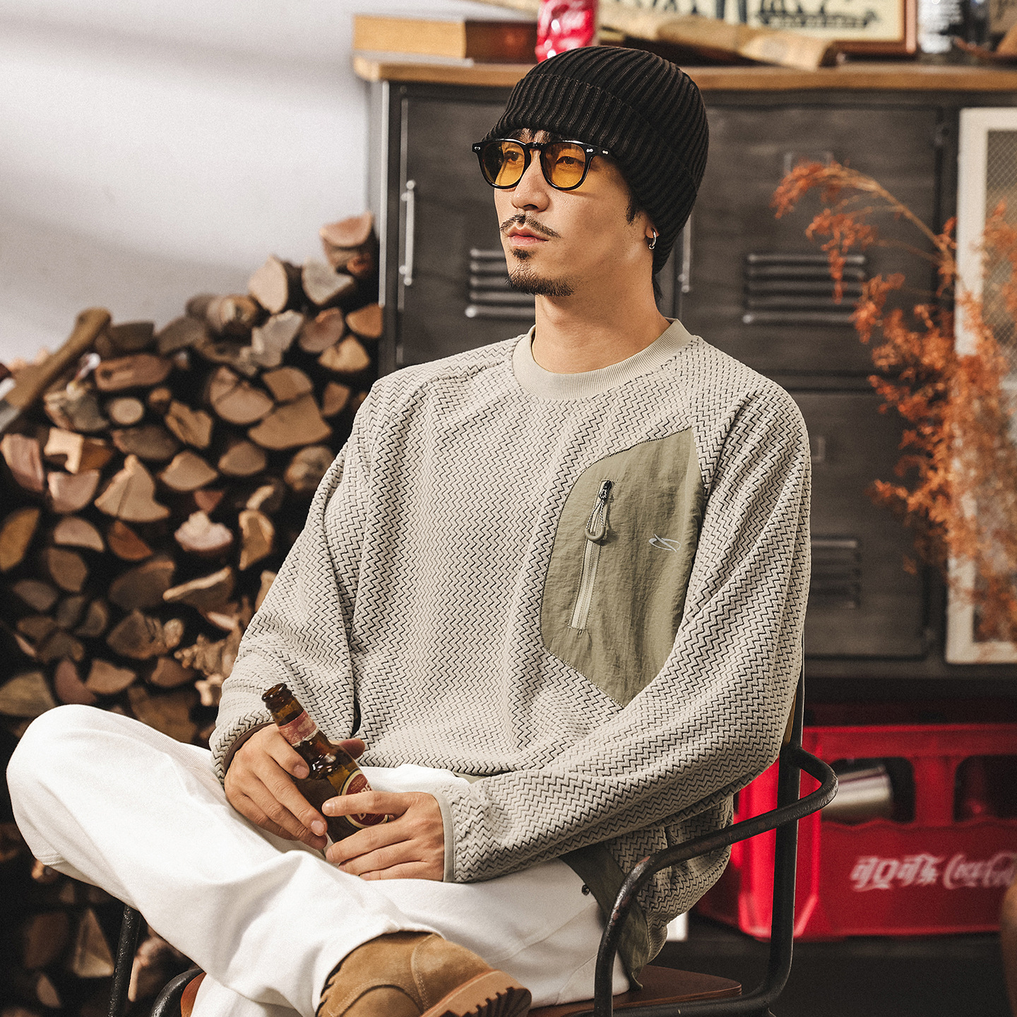 環保可再生戶外通勤波浪紋衛衣男春秋新款美式復古寬鬆長袖t恤男