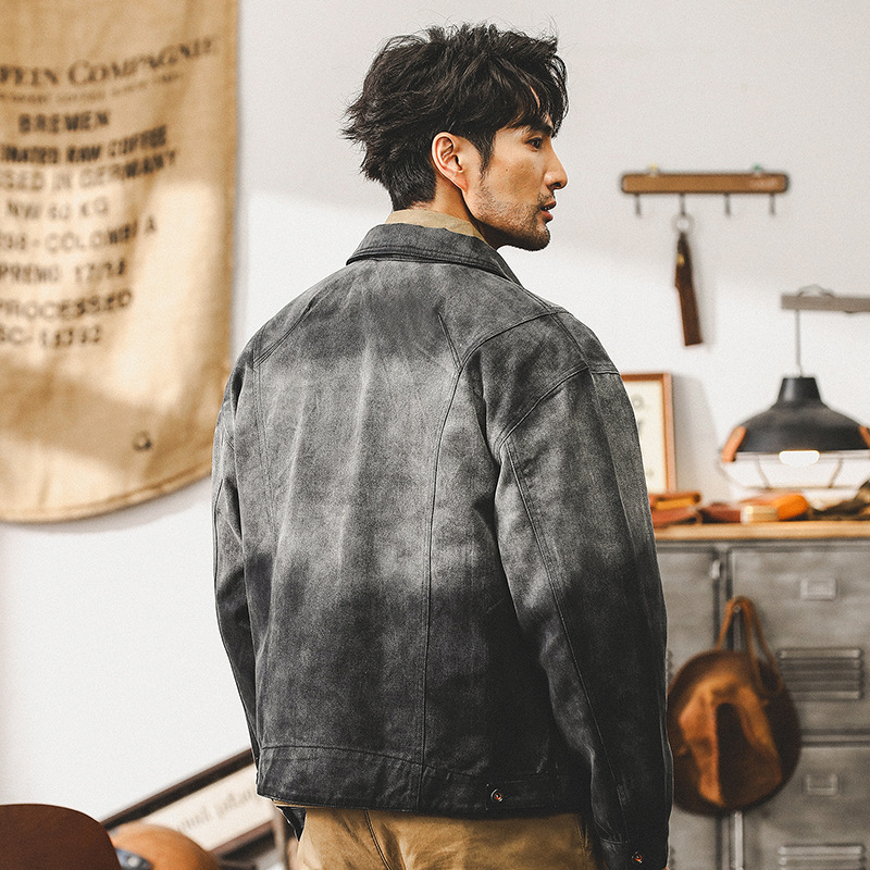 美式重磅複古牛仔外套男秋季潮牌機車阿美咔叽古著休閑工裝夾克男