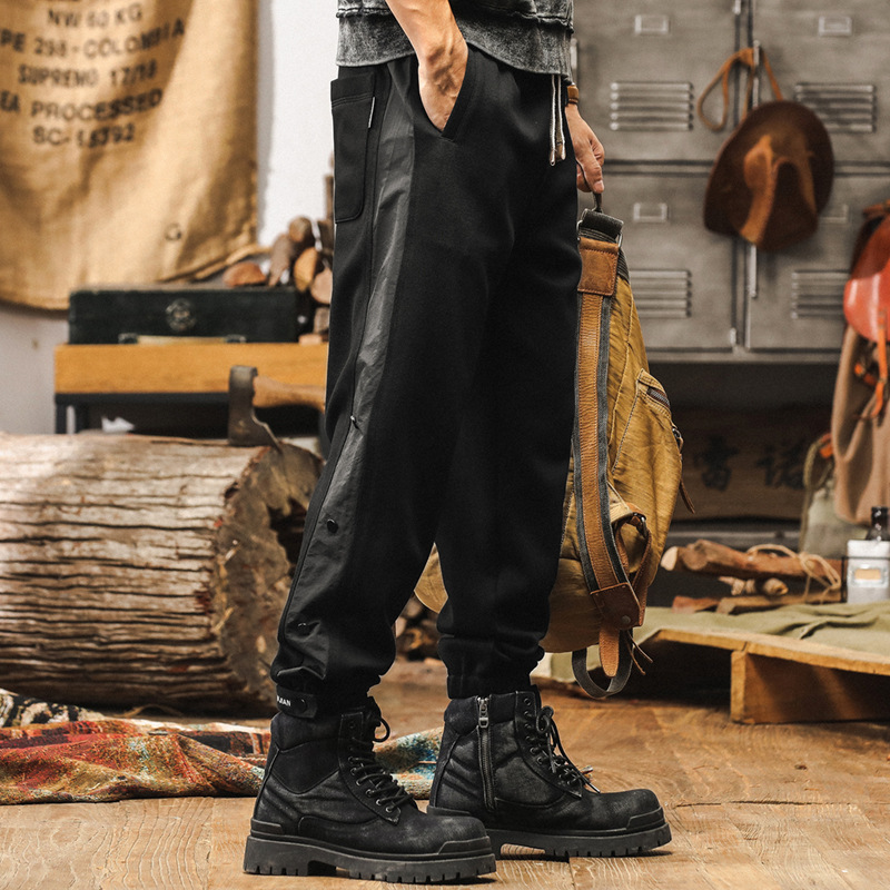 美式復古黑色工裝褲子男秋季2024新款潮牌運動排扣束腳男士休閒褲