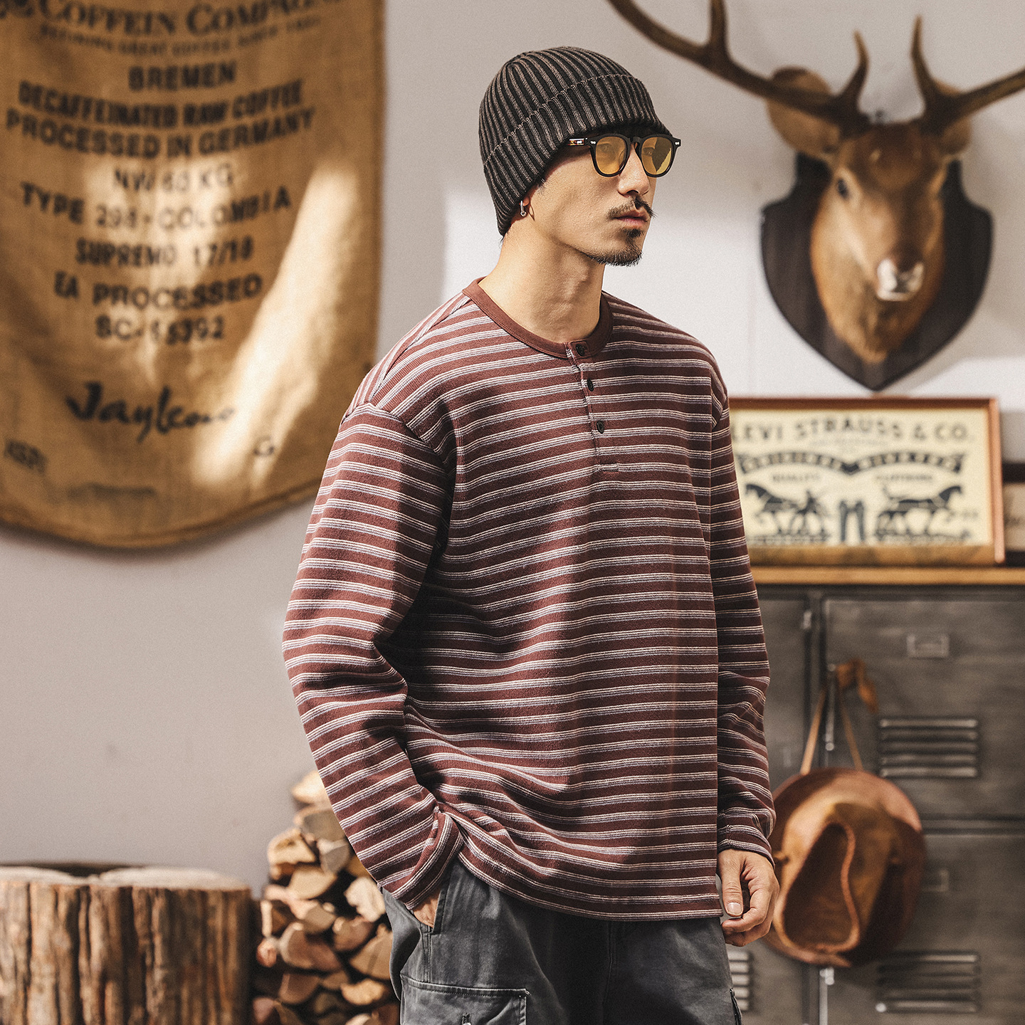 美式復古360g重磅衛衣男秋季新款針織條紋海魂衫亨利領長袖polo衫