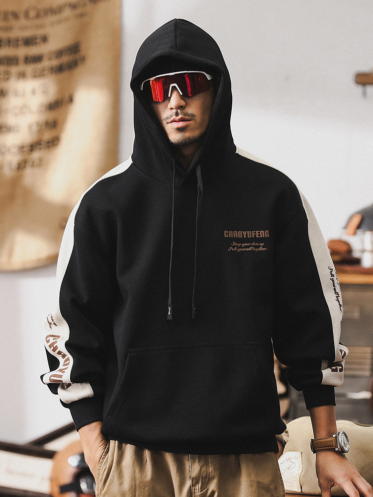 美式360g重磅衛衣男秋季潮牌撞色休閑寬松上衣男連帽外套男春秋款
