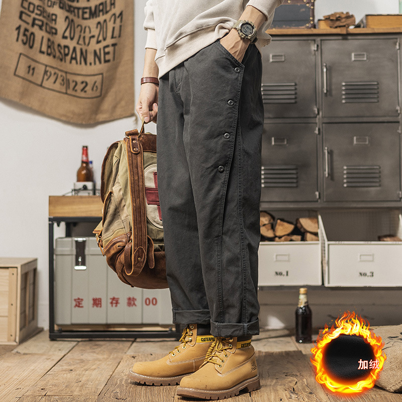 2024重磅排扣褲子設計款休閒褲春季男士寬鬆直筒潮流經典工裝長褲