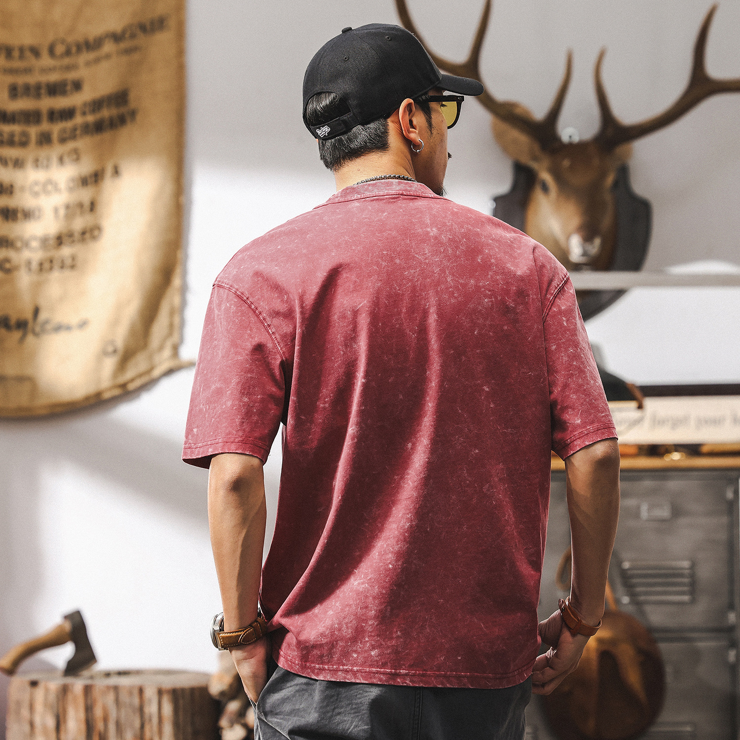 260g重磅酵素做舊水洗西瓜紅短袖男款夏季T恤男寬鬆潮牌上衣