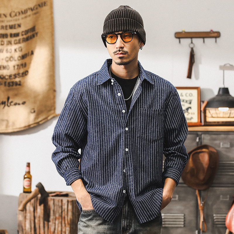 美式復古條紋襯衫男長袖秋季寬鬆工裝襯衣男色織牛仔外套男春秋款