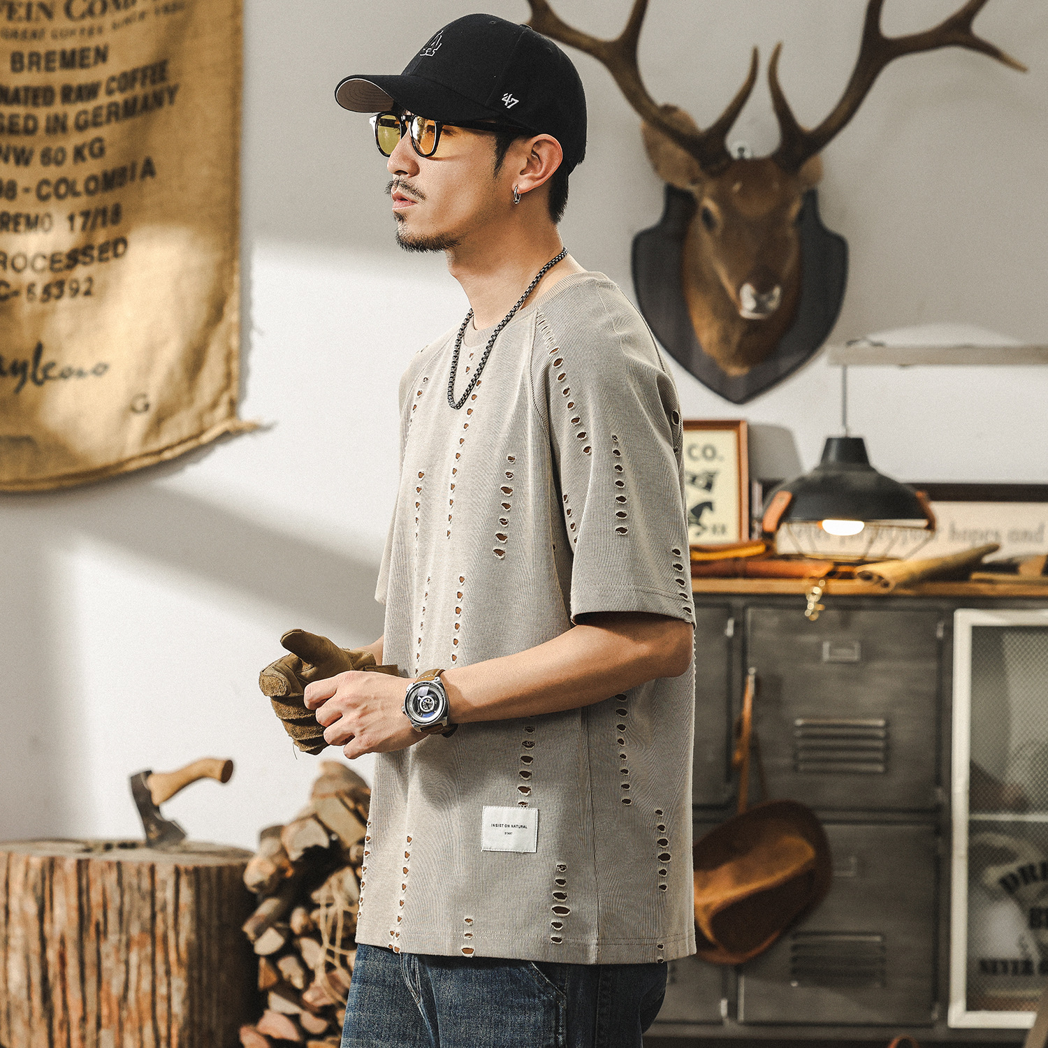 美式復古夏季潮牌破洞設計感短袖男款2025新款寬鬆大碼半袖T恤男