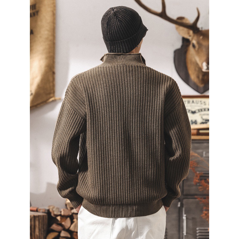 美式復古重磅毛衣男秋冬季潮牌寬鬆拉鍊半高領針織衫男士春秋外套