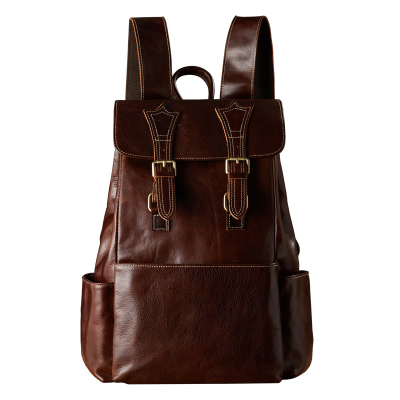 手工植鞣牛皮雙肩包男時尚潮流真皮背包旅行包復古頭層牛皮書包潮