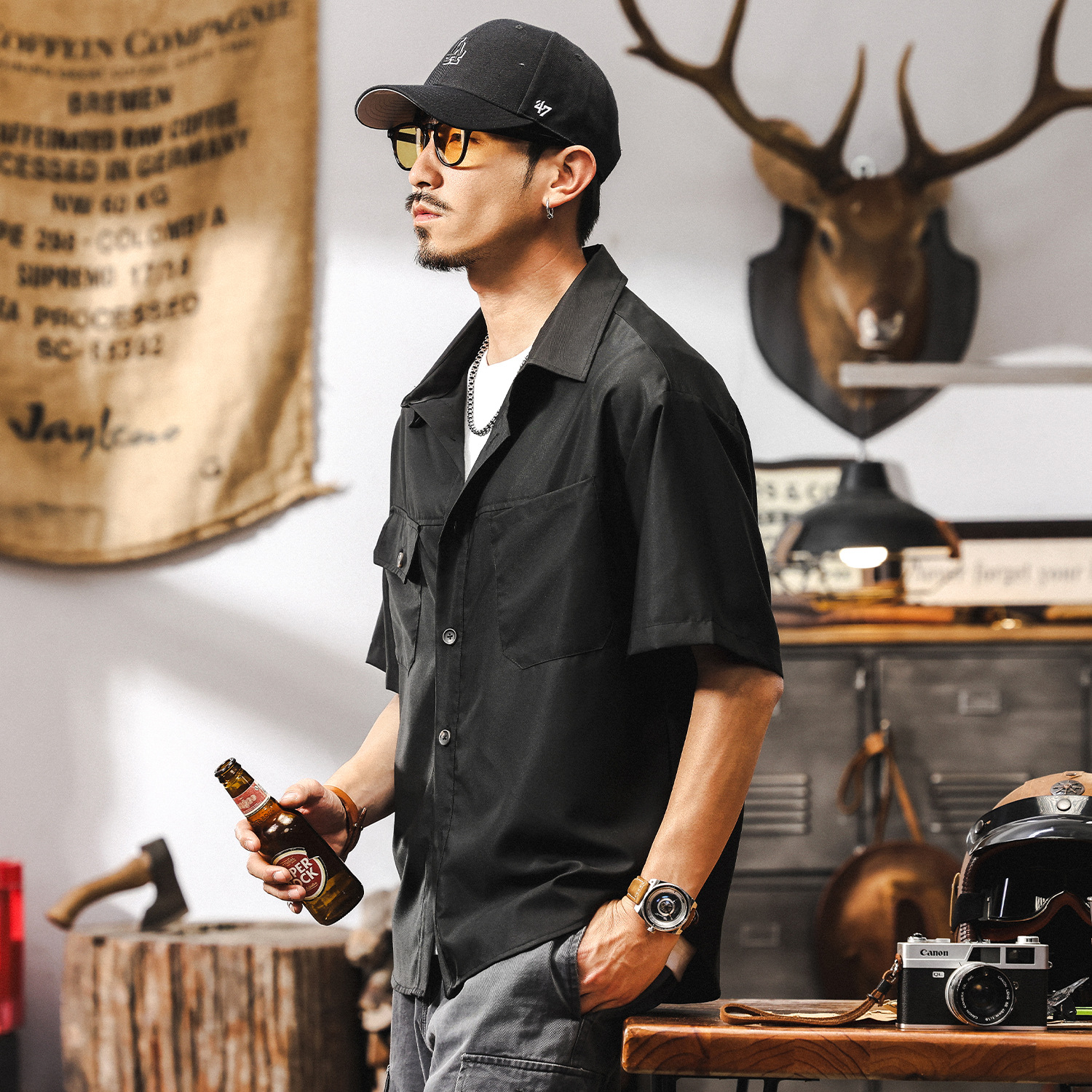 抗皺免燙垂感莫代爾短袖襯衫男夏季2025新款潮牌美式寬鬆男士襯衣