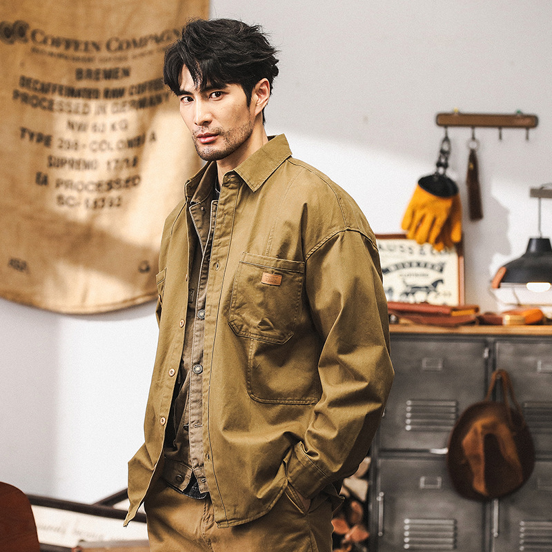 美式復古卡其色工裝襯衫男長袖秋季寬鬆水洗硬漢獵裝夾克男款外套
