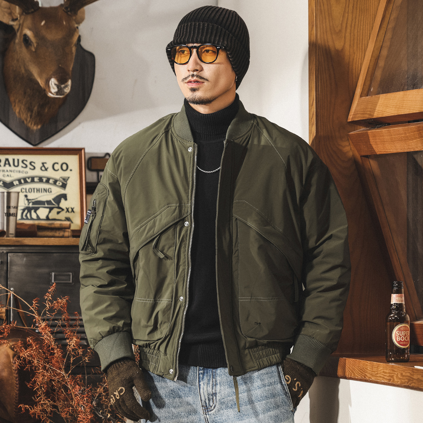 90%純白鴨絨美式飛行夾克工裝羽絨服男款冬季加厚保暖禦寒外套男