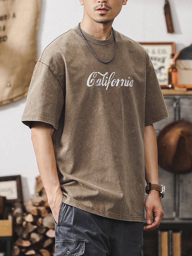 杰雷諾復古雪花水洗短袖T恤男夏季美式重磅硬挺體恤寬鬆上衣潮T男