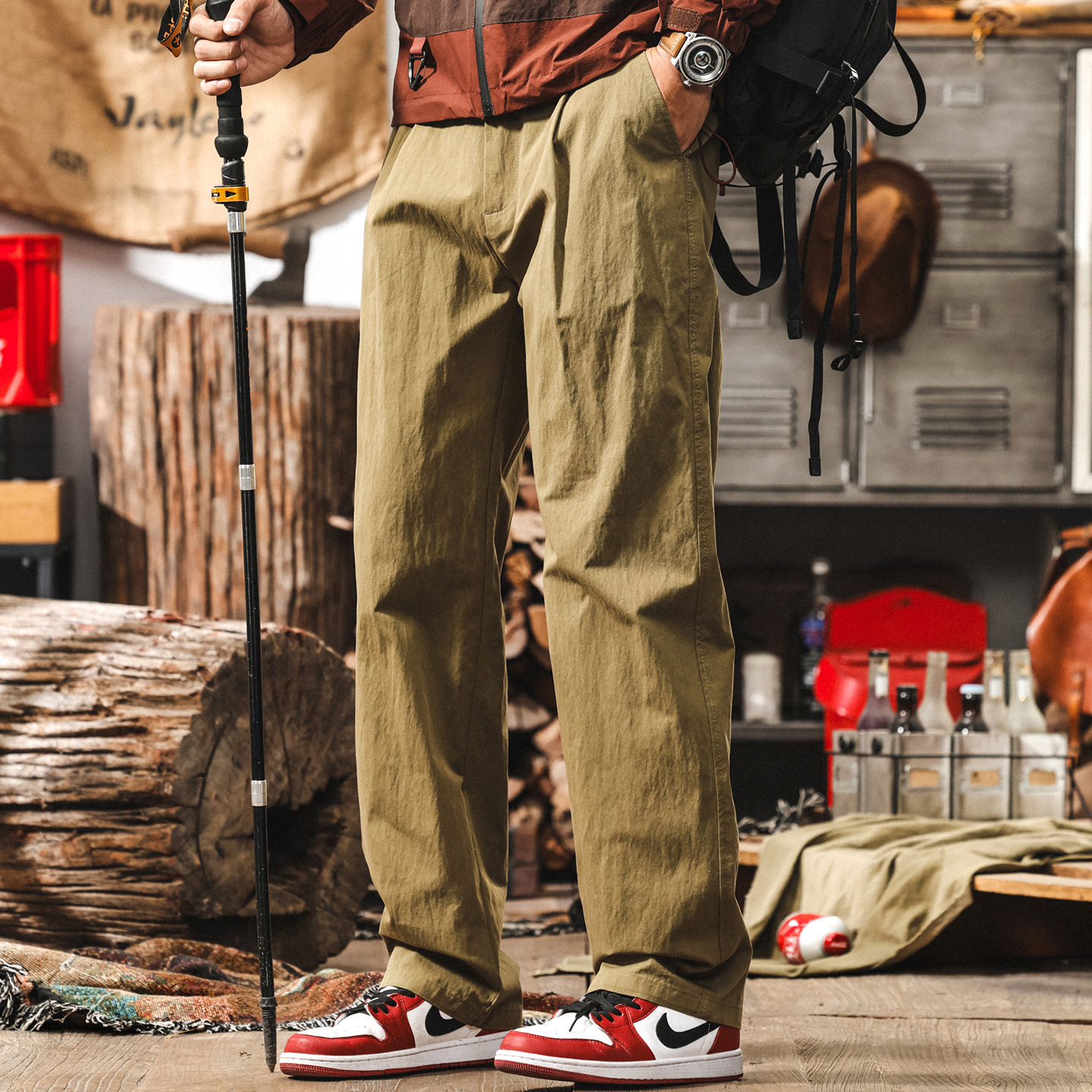 美式戶外軍綠色工裝褲子男夏季新款潮牌直筒寬鬆薄款速干休閒長褲