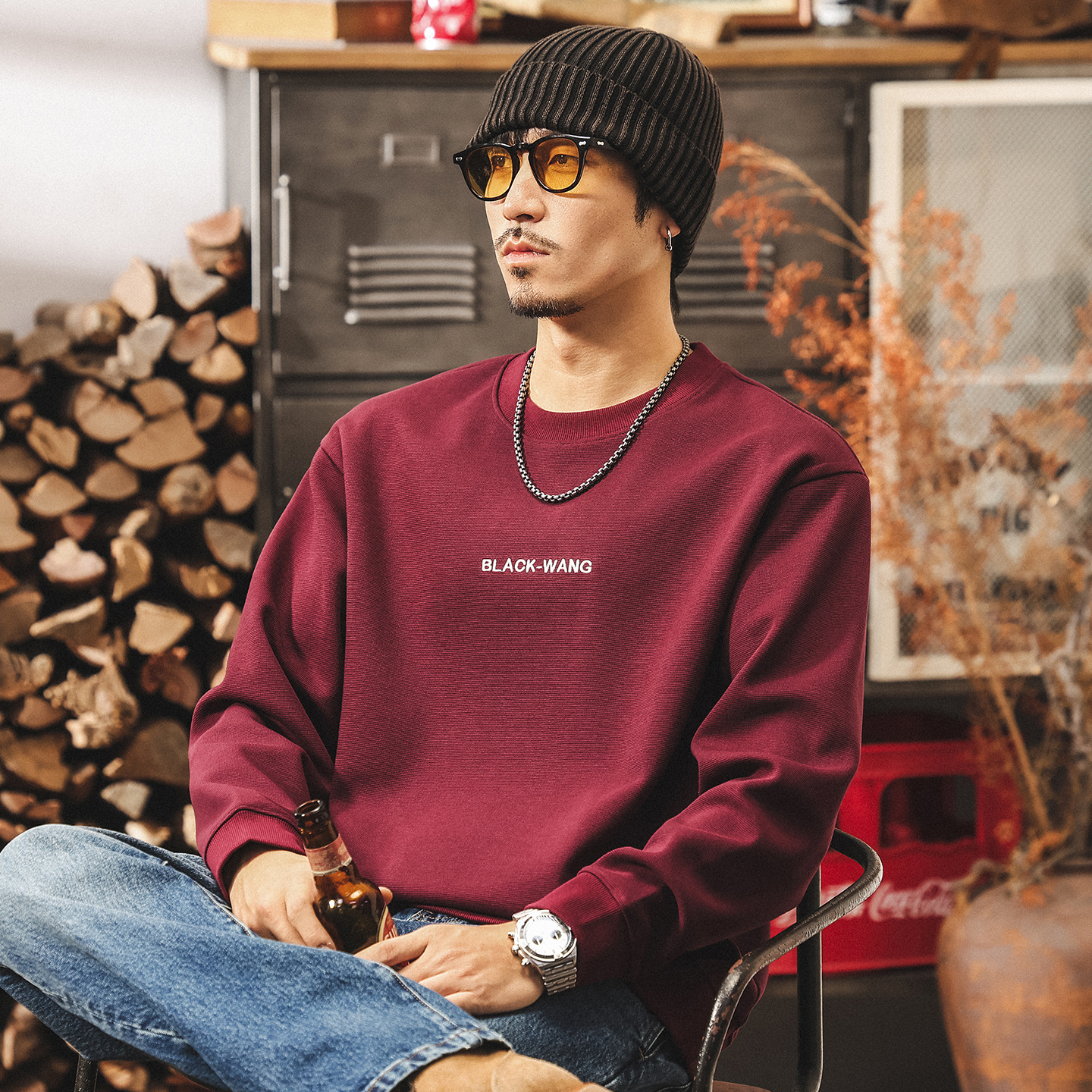 美式復古重磅衛衣男春秋2025新款緞紋肌理高級感紅色男士長袖t恤