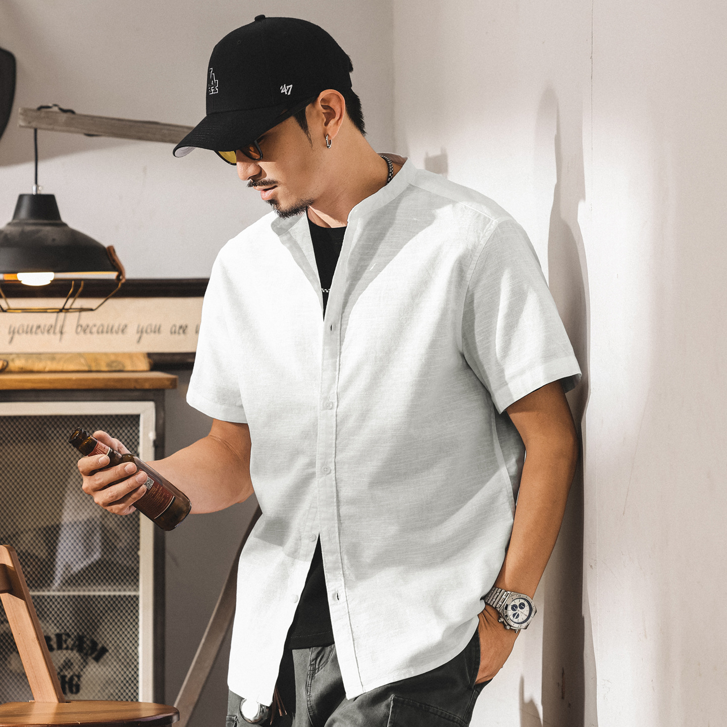 中式復古高級感棉麻襯衫男士短袖夏季新款潮牌寬鬆立領國風襯衣男