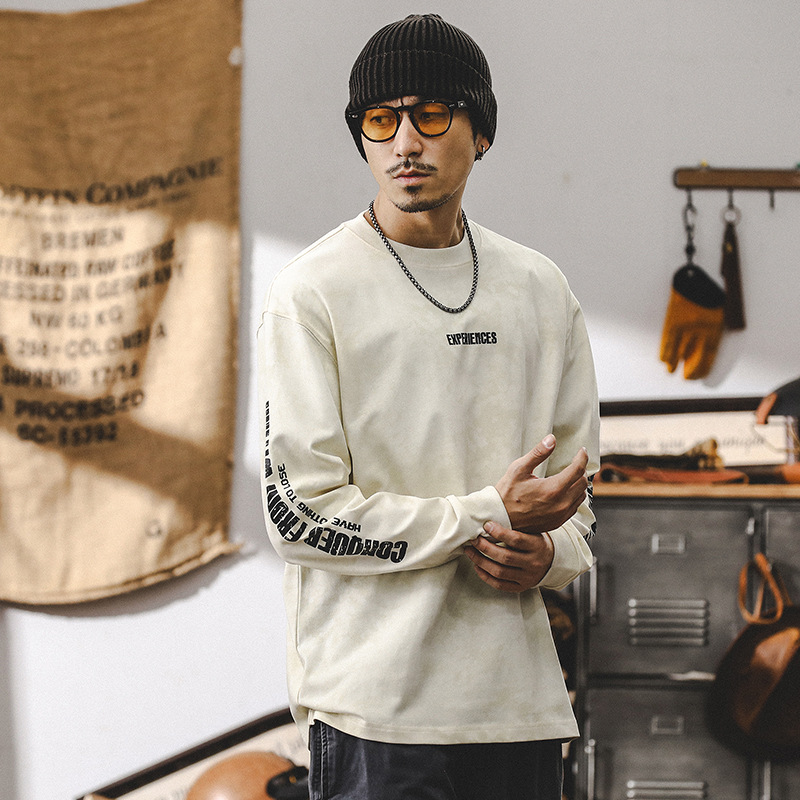 美式復古重磅長袖T恤男秋季2024新款潮牌雲染印花寬鬆休閒上衣男T