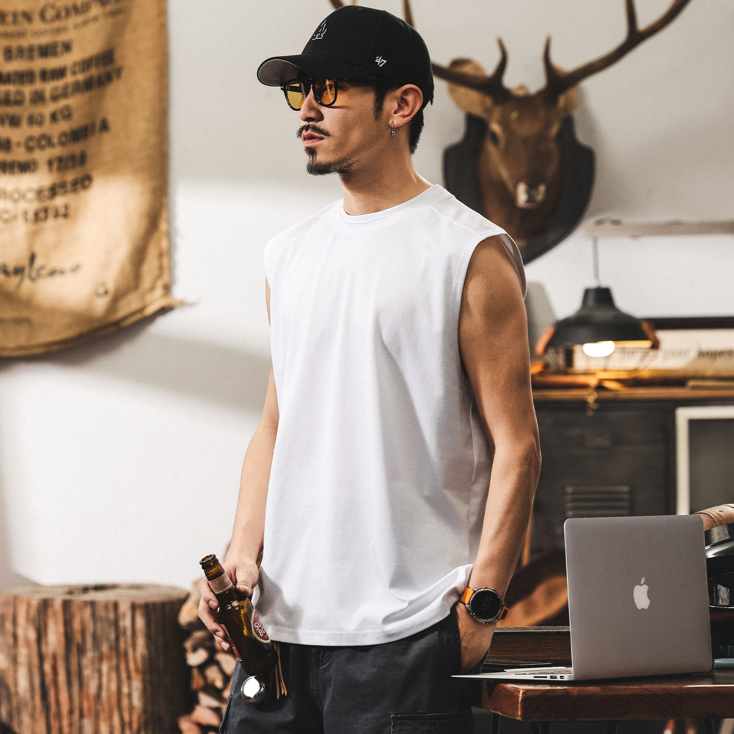 美式復古運動健身背心男夏季寬鬆無袖T恤男寬鬆潮牌白色坎肩上衣