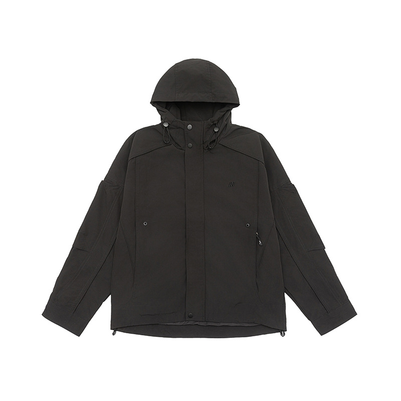 2025秋季新款橫條隱格連帽工裝夾克男寬鬆休閒復古戶外三防外套潮