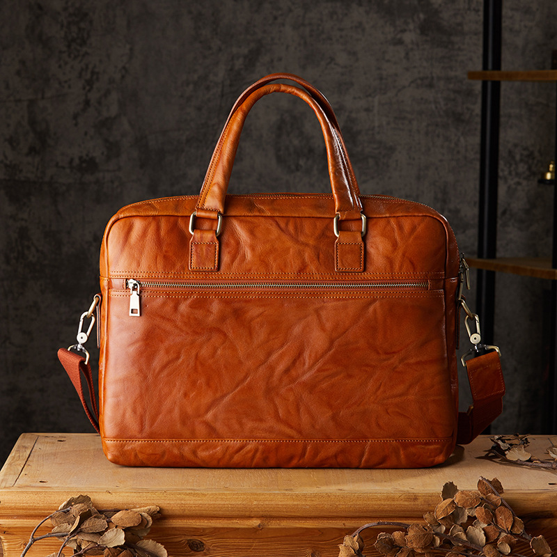 手工頭層牛皮公文包男士真皮大容量單肩斜挎包植鞣牛皮商務手提包