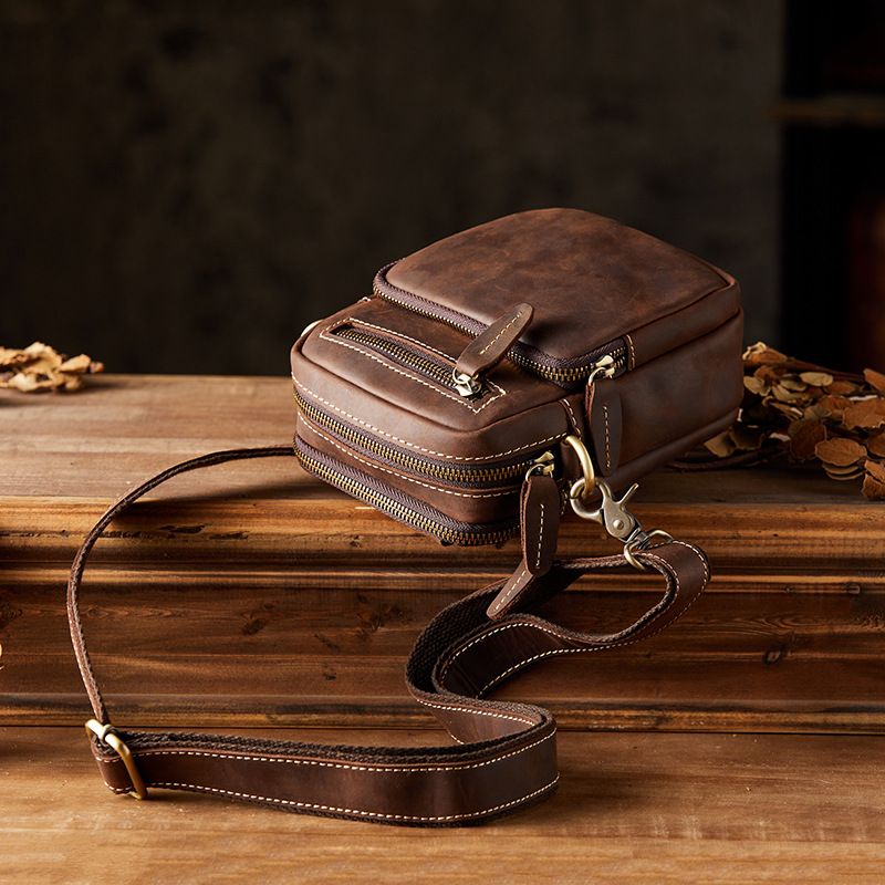 手工真皮男包瘋馬皮復古單肩斜挎小包休閒百搭穿皮帶腰掛手機包潮