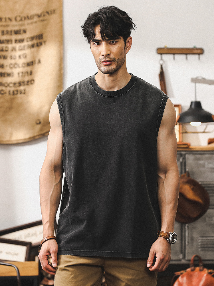 美式復古男士背心夏季寬鬆炒雪花水洗重磅T恤坎肩運動無袖上衣男T