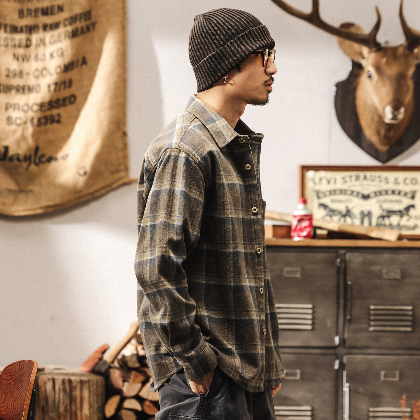 萊賽爾天絲格子襯衫男春秋2025新款美式復古寬鬆休閒長袖襯衣外套