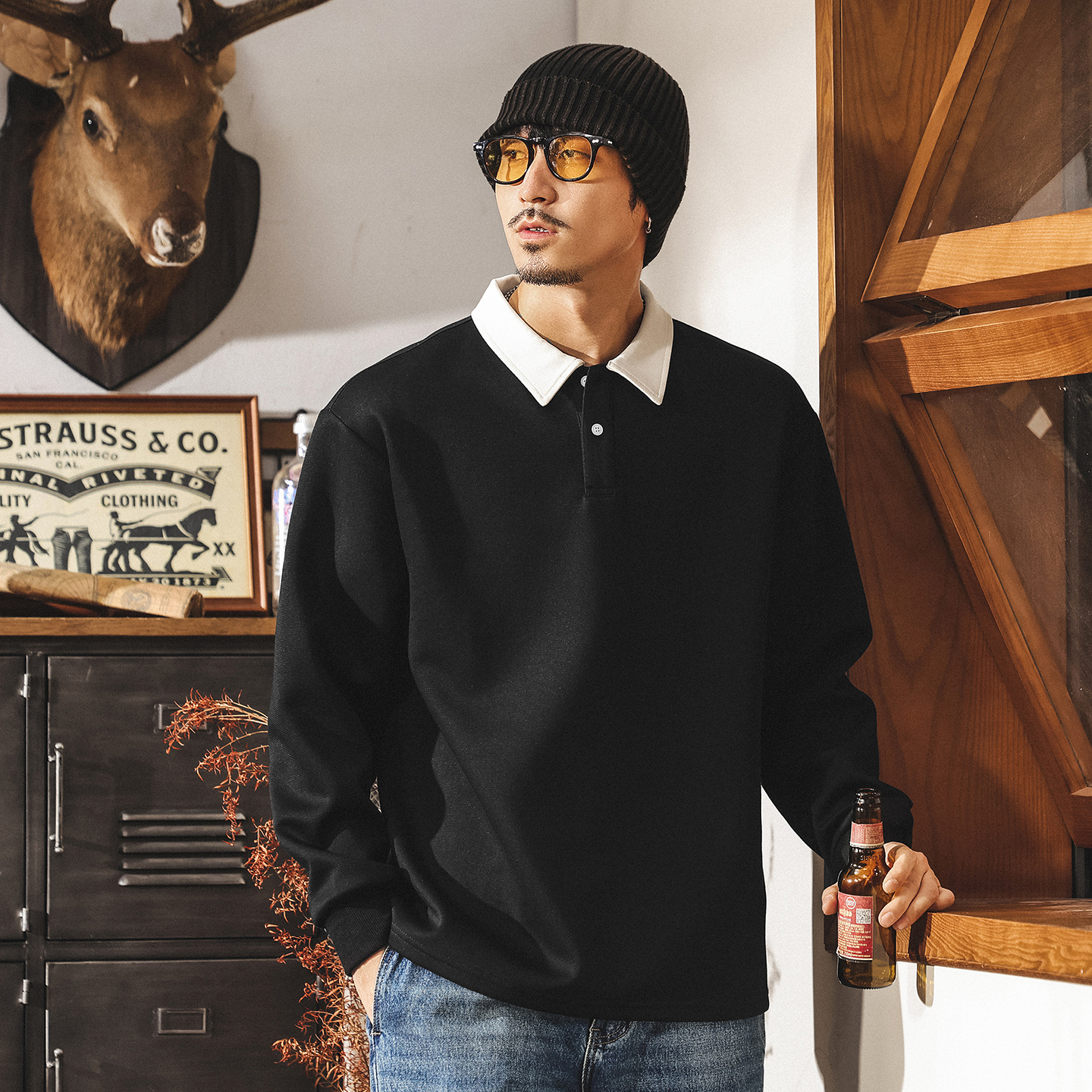 美式復古重磅假兩件衛衣男潮牌春秋新款寬鬆長袖Polo衫男士上衣潮