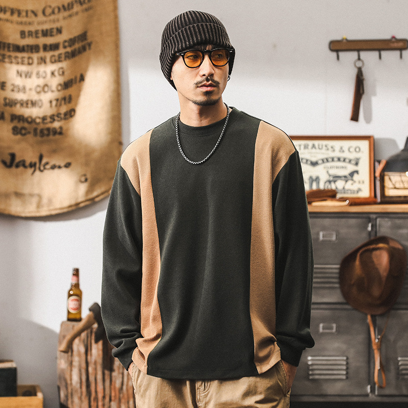 美式復古拼接撞色長袖T恤男秋季潮牌重磅肌理感寬鬆男士休閒上衣