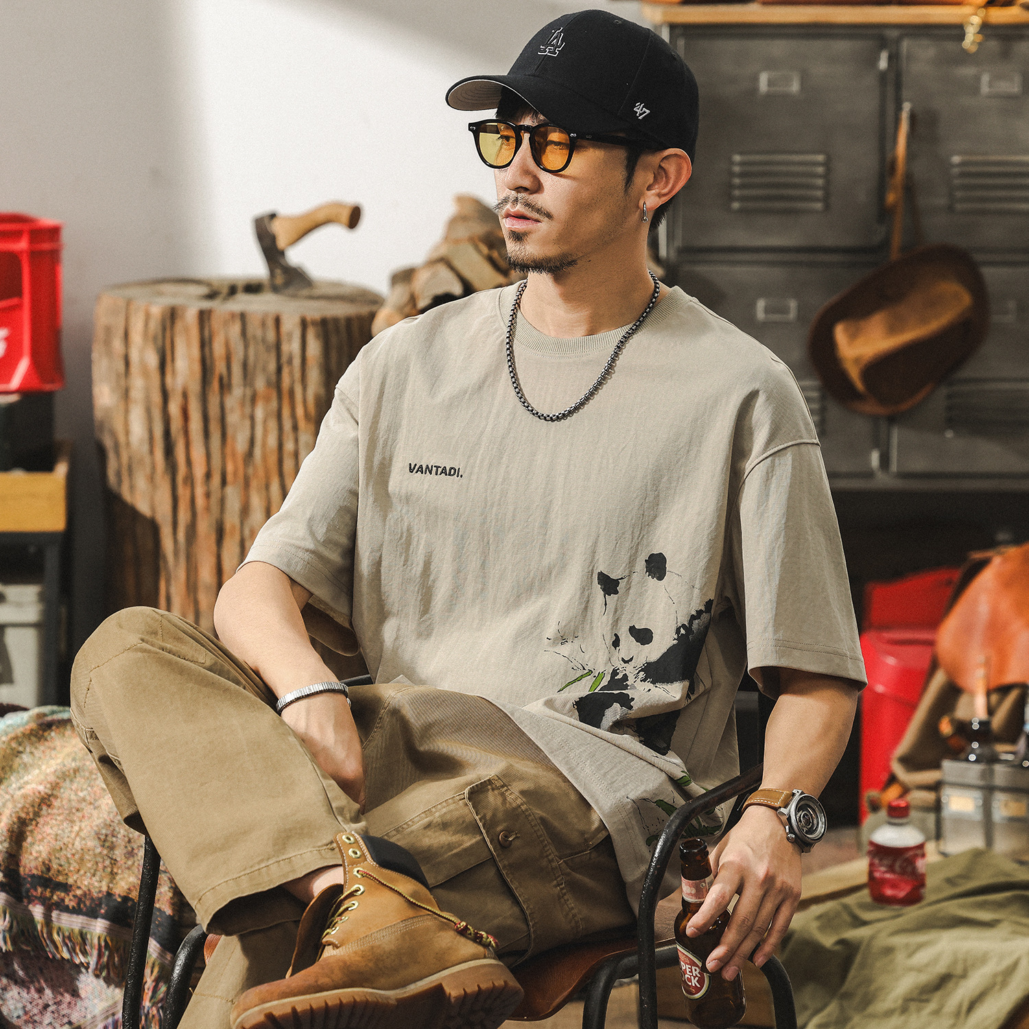 國潮熊貓短袖男款夏季美式復古亞麻薄款T恤潮牌寬鬆大碼男士上衣