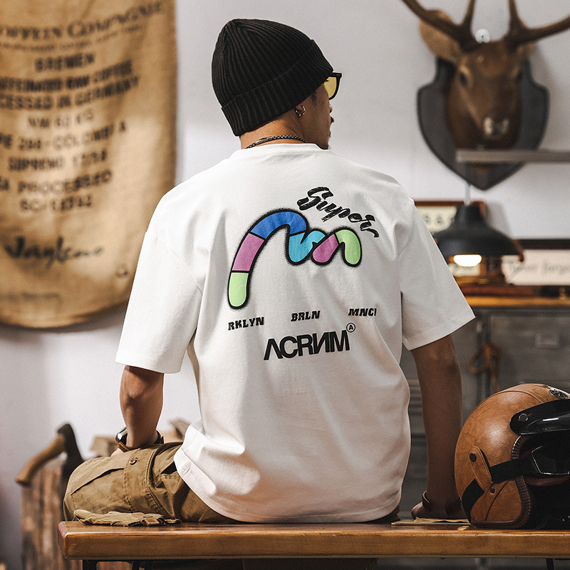 科技涼感T恤男2025新款短袖男夏季潮流美式復古潮牌寬鬆休閒上衣T