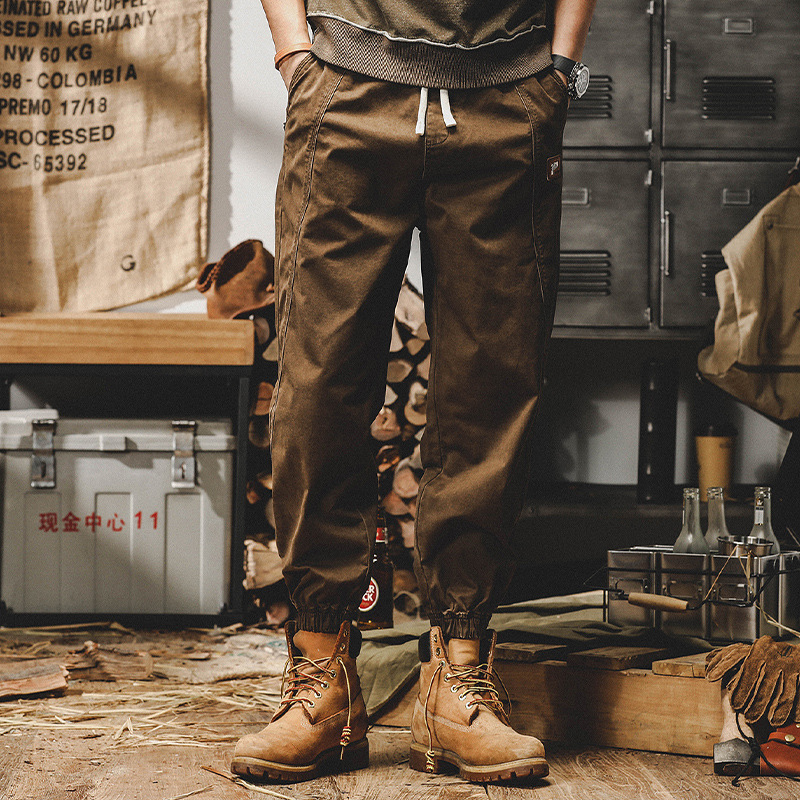 美式重磅復古休閒褲子男秋季寬松阿美咔嘰法式工裝褲男束腳大碼褲