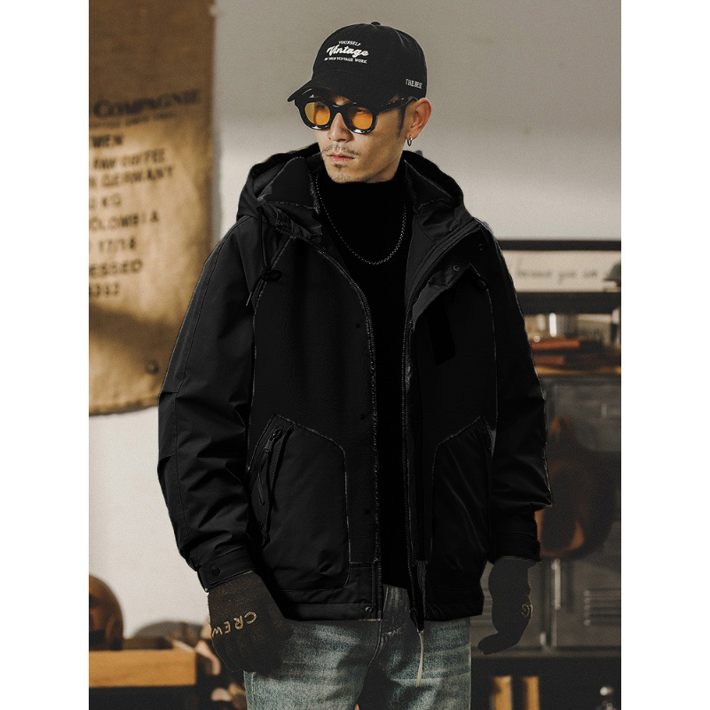 美式拼接設計羊羔絨外套男冬季2023年新款男生加絨加厚工裝棉服男