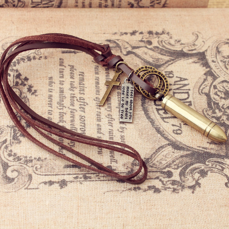 子彈頭復古真牛皮繩項鍊 子彈吊墜毛衣鏈長短款男女飾品