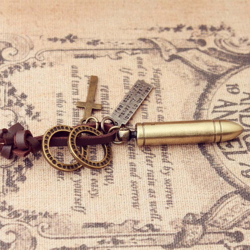 子彈頭復古真牛皮繩項鍊 子彈吊墜毛衣鏈長短款男女飾品