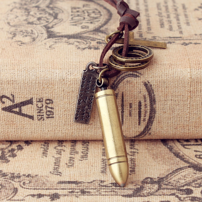 子彈頭復古真牛皮繩項鍊 子彈吊墜毛衣鏈長短款男女飾品