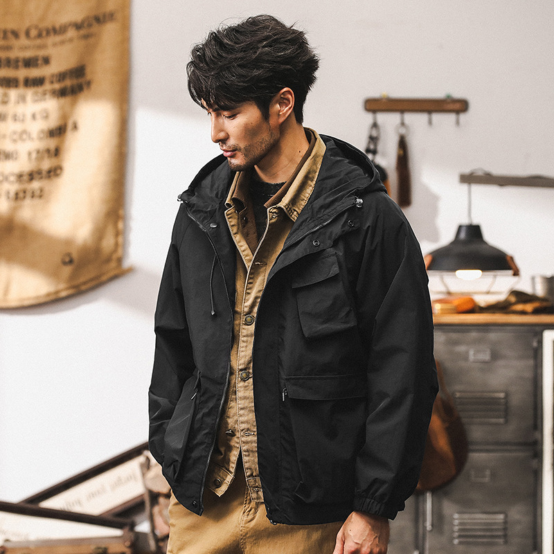 美式復古工裝外套男春秋款潮牌戶外防風衝鋒衣男機能連帽教練夾克