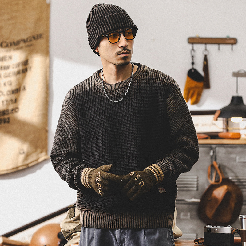 美式重磅毛衣男冬季加厚慵懶風復古噴染水洗秋冬款男士針織衫外套