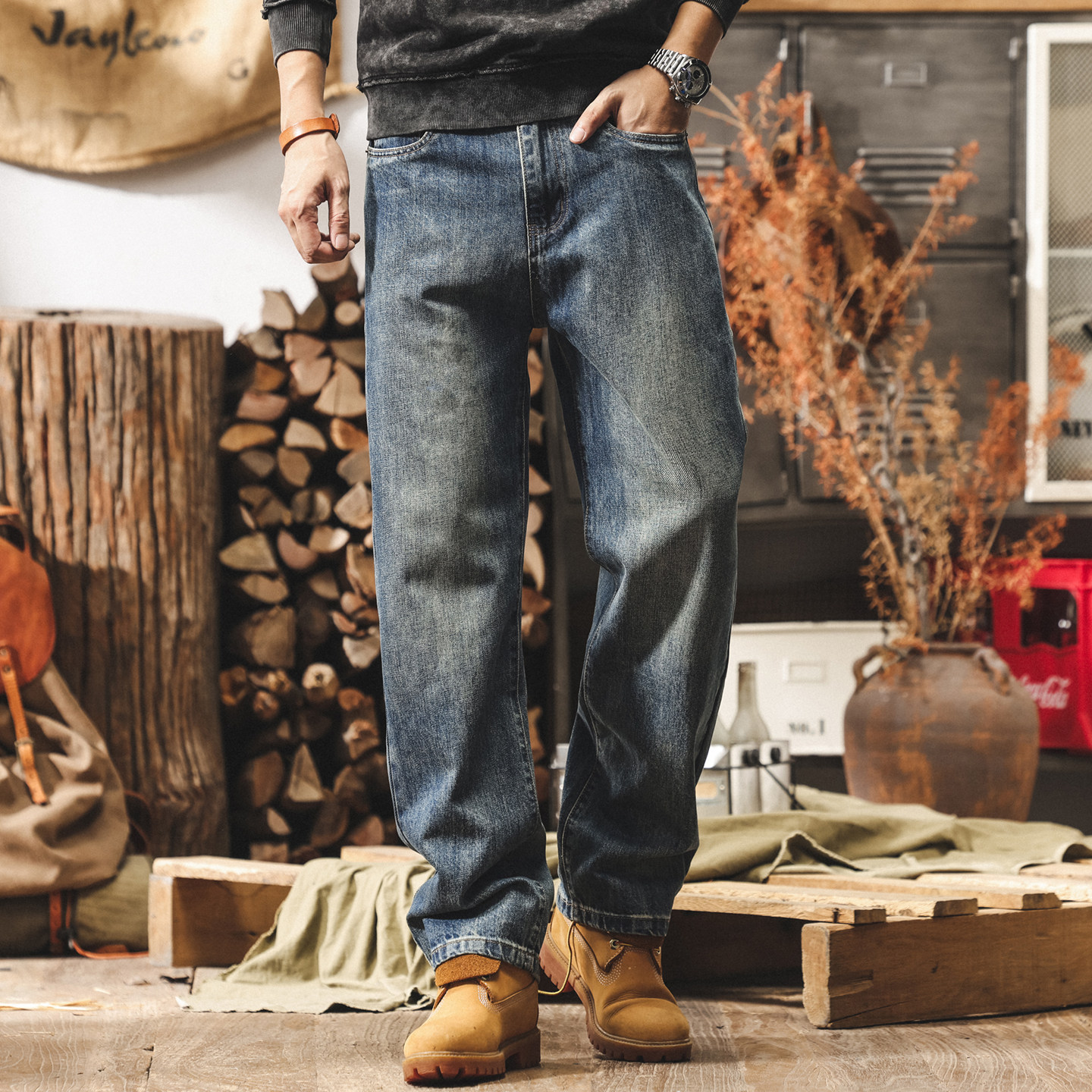 美式復古水洗加絨牛仔褲男冬季加厚男士褲子直筒潮牌寬鬆休閒褲男