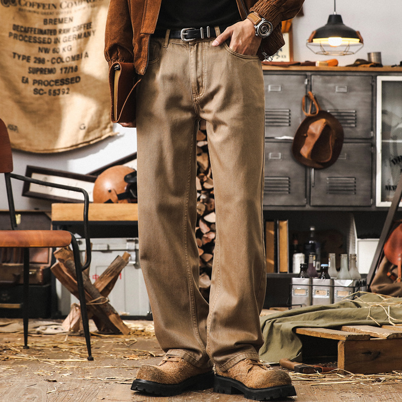 美式復古紫色牛仔褲男寬鬆直筒重磅工裝褲子男秋季丹寧潮流休閒褲