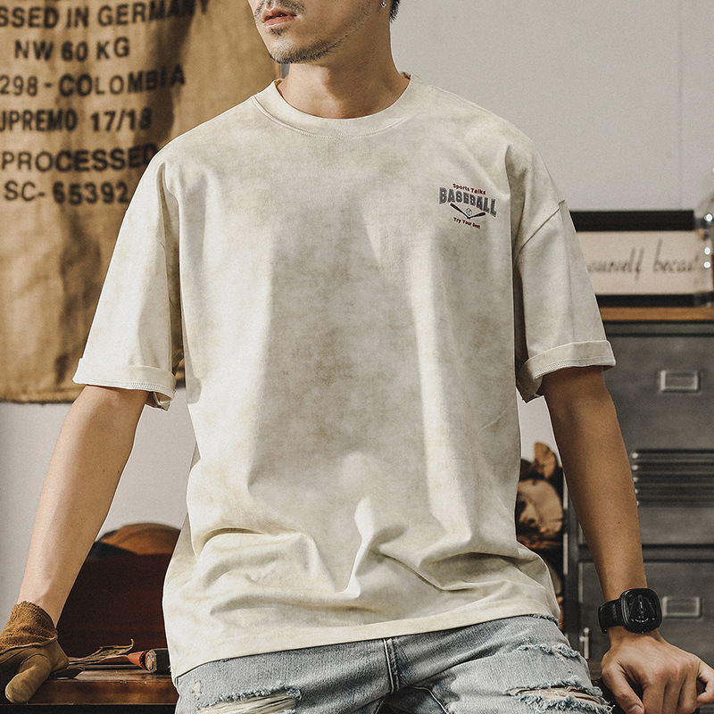 杰雷諾涼感清爽短袖T恤男夏季寬鬆大碼雲染洗褪美式復古休閒上衣