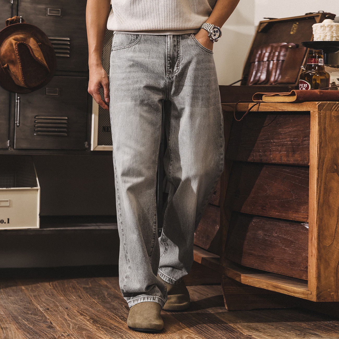 美式復古棕咖水洗牛仔褲男春季2026新款潮牌寬鬆直筒薄款休閒長褲