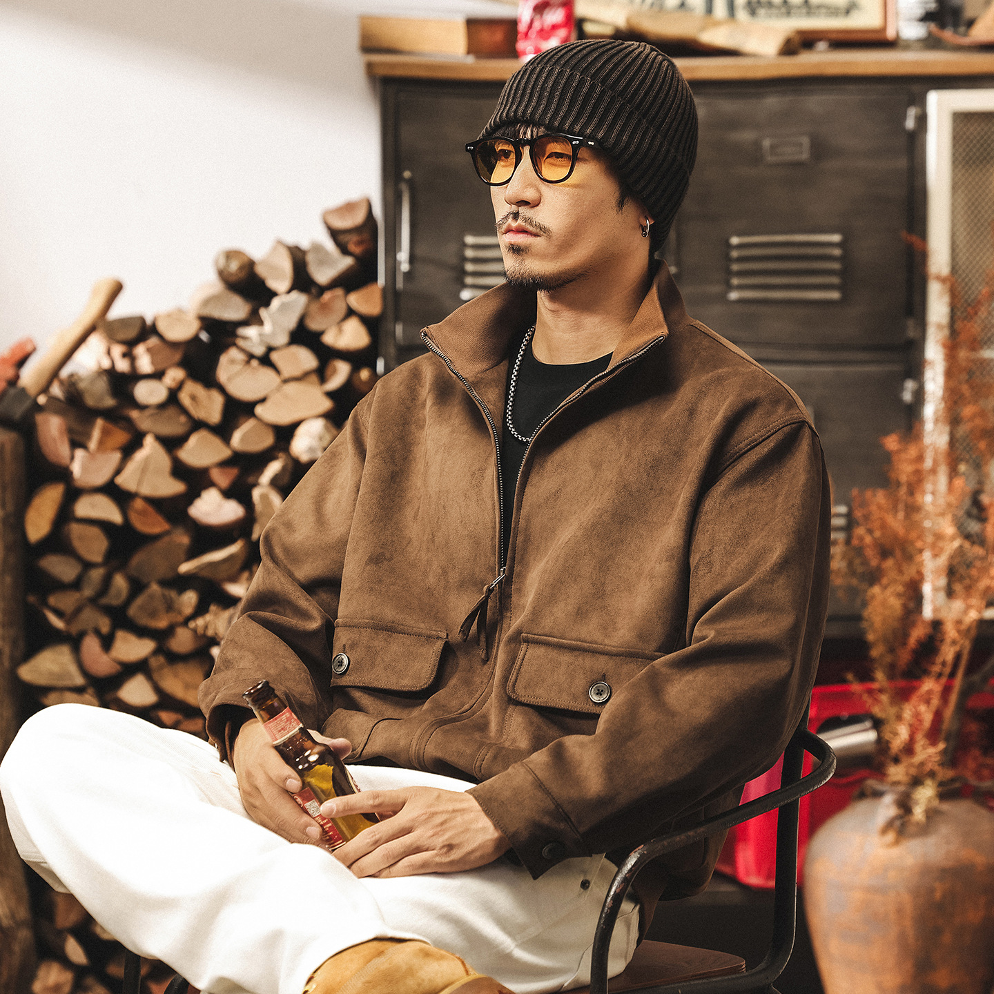 美式重磅復古麂皮絨外套男春秋美拉德古着寬鬆機車立領工裝夾克男