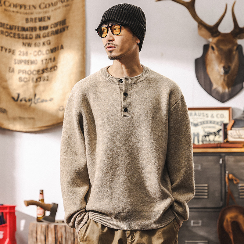 美式復古630g重磅毛衫男冬季亨利領毛衣加厚針織衫外套秋冬款毛衣