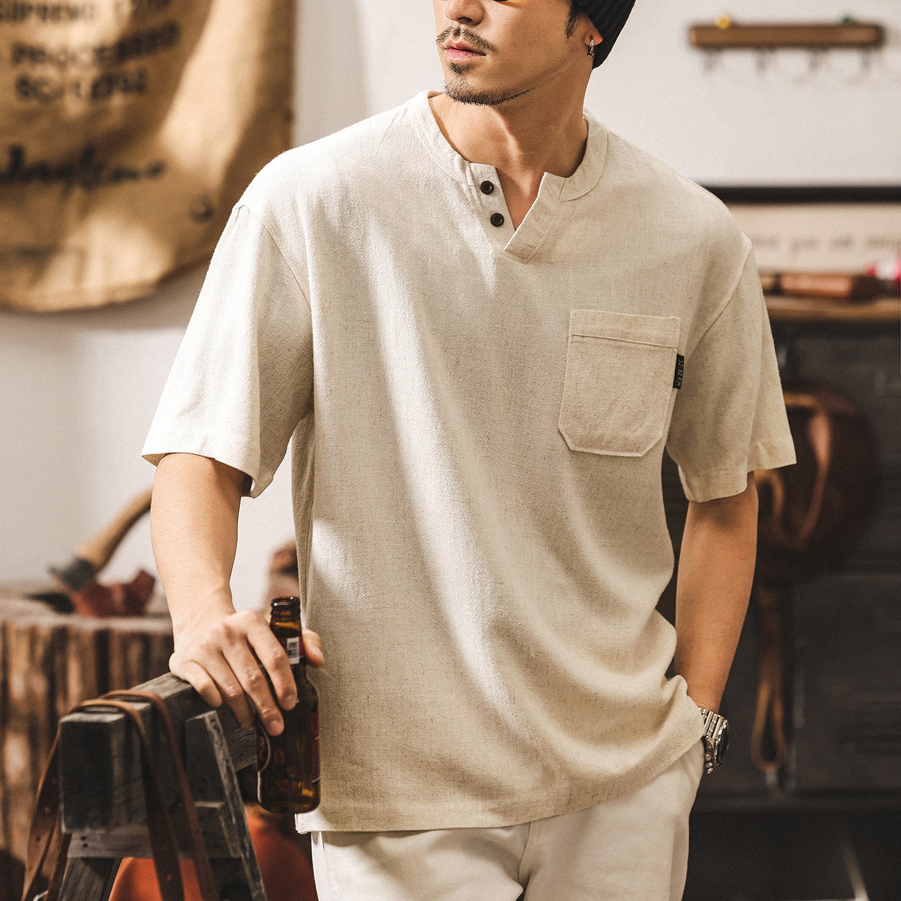美式復古老錢風亞麻亨利領短袖男款T恤2026新款夏季潮牌Polo衫男