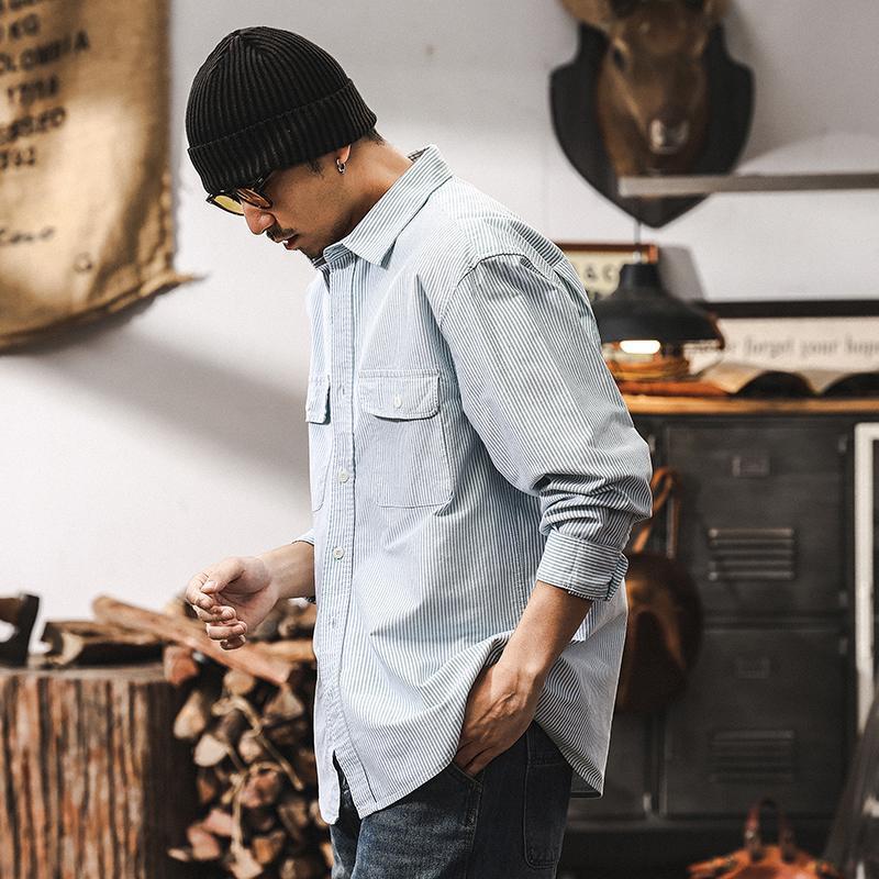 美式復古經典條紋襯衫男長袖2025新款春季日系牛津紡長袖襯衣