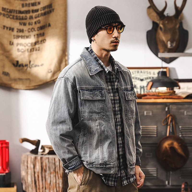 美式復古水洗竹節紋牛仔外套男春秋2025新款潮牌寬鬆痞帥工裝夾克