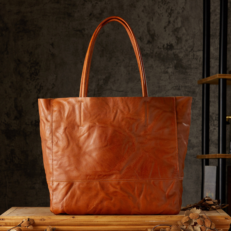 手工頭層牛皮托特包女簡約大容量通勤手提包純牛皮休閒百搭手拎包